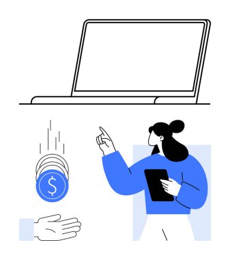 Tableti tutan ve işaret eden kadın, eline bozuk para düşüyor ve dizüstü bilgisayarı açıyor. Finans, dijital işlemler, yatırım, kitle fonlama, e-ticaret, iş stratejisi basit iniş sayfası için ideal