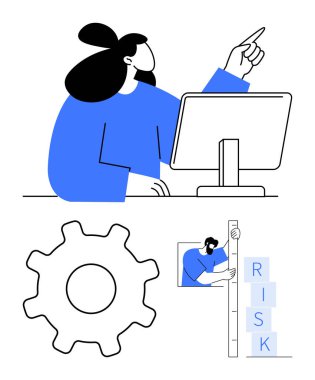 Kadın, bilgiyi analiz ederken ekranı işaret ediyor. Vites ve risk blokları planlama ve strateji öneriyor. İş, strateji, proje yönetimi, risk değerlendirmesi, iş akışı ve danışmanlık için ideal