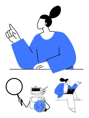 Kadın kendine güvenerek el kaldırıyor, analiz için cam büyütüyor, robot yapay zeka için para yönetiyor, kadın uzaktan kumanda için dizüstü bilgisayar kullanıyor. Teknoloji, iş, eğitim, yenilik ve sorun çözme için ideal