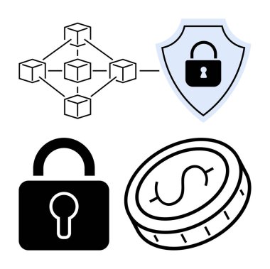 Kilitli bir güvenlik kalkanına bağlı blok zinciri ağı, bir standalone asma kilit, ve çevrimiçi güvenlik, kripto para birimi ve güvenli işlemleri temsil eden dijital bir para. Şifreleme için ideal