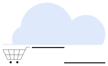 Büyük bir bulutun altında hareket eden alışveriş arabası e-ticaret için bulut teknolojisini vurguluyor. Teknoloji, e-ticaret, SaaS, erişilebilirlik, dijital dönüşüm, çevrimiçi perakende, basit iniş için ideal