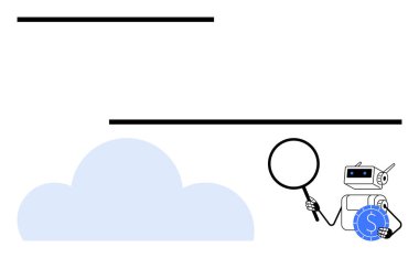 Robot mavi bulutun yanında büyüteç ve para tutuyor. Analiz, teknoloji ve yatırım araştırmalarını temsil ediyor. Veri değerlendirmesi için ideal, AI, finans, bulut hesaplama, yenilik, araştırma