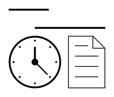 Metin satırlı bir belgenin yanında temiz yüzlü analog saat. Organizasyon, teslim tarihi, zaman takibi, planlama, odaklanma, verimlilik için ideal. Düz basit metafor