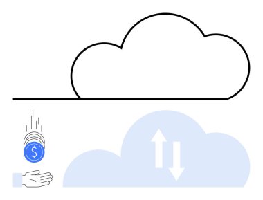 Veri oklu bulut tasarımı, dijital işlemleri temsil eden ellere para düşmesi. Teknoloji, finans, bulut hesaplama, veri depolama, fintech, çevrimiçi hizmetler ve basit iniş için ideal