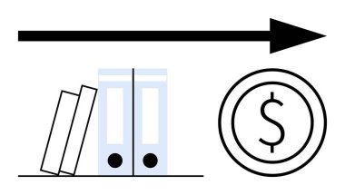 Dosyalar, klasörler ve dolar sembollerinin üzerindeki ok, organizasyonu, stratejiyi ve hedeflere ulaşmayı temsil eder. İş planlaması, finans, büyüme, strateji iş akışı verimliliği için ideal basit bir iniş sayfası