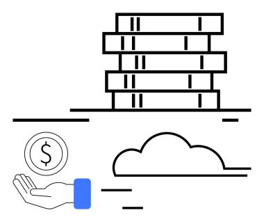 Sunucu yığınları, bozuk para tutan bir el ve bulut elementi. Teknoloji, bulut hesaplama, veri depolama, maliyet yönetimi, bilişim altyapısı, çevrimiçi hizmetler için ideal basit iniş sayfası