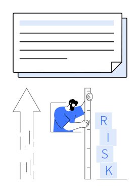 Kağıt yığını, yukarı doğru ok büyümeyi sembolize ediyor, istiflenmiş blokları ölçen adam RISK etiketli. Risk değerlendirmesi, büyüme stratejisi, karar verme, veri analizi, ölçüm eğilimleri, profesyonel