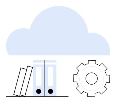 Dişlilerin, dosya klasörlerinin ve kitapların üzerinde gezinen bulutlar bulut depolama, organizasyon ve teknolojiyi sembolize ediyor. Konu başlıkları için idealdir. Bulut hesaplamasını, otomasyonu, eğitimi, yenilik verilerini parmakla