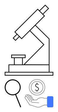 Mikroskop bilimsel araştırmaları sembolize eder, odaklanmak için büyüteç, finansmanı temsil eden para, ve işbirliği için el. Araştırma, yenilik, finansman, bilim, eğitim ekip çalışması için ideal