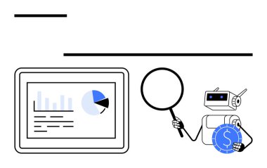 Robot, büyüteç kullanarak tabletteki mali ölçümleri inceliyor ve bozuk para tutuyor. Yapay zeka, finans, iş analizleri, otomasyon, veri görselleştirme, fütüristik teknoloji, düz basit