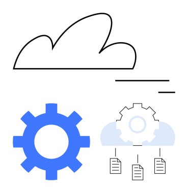 Bulut, dişli ve dosya simgeleri bulut hesaplama, entegrasyon, veri akışı ve dijital çözümleri temsil eden çizgilerle birbirine bağlanmıştır. Teknoloji ve altyapı depolama sistemi işbirliği için ideal