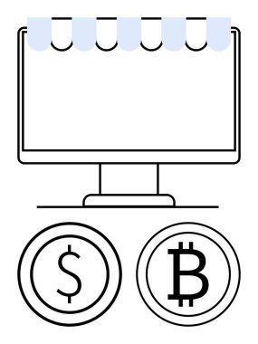 Yukarısında çizgili tente, altında dolar ve bitcoin simgeleri olan monitör, e-ticareti, dijital ödemeleri ve kripto işini temsil ediyor. Teknoloji, finans, engelleme zinciri, e-ticaret girişimleri için ideal