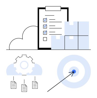 Tamamlanmış görevleri olan kontrol listesi, istiflenmiş kutular, bulut ve dosyalarla donatılmış teçhizat ve oklu bir hedef. Planlama, tedarik zinciri, görev yönetimi, hedef hedefleme, bulut depolama lojistik dairesi için ideal