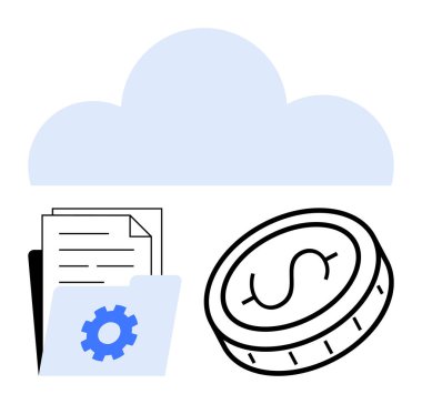 Bulut, dokümanların ve otomasyon teçhizatlarının olduğu klasör, dolar işaretli para. Bulut hesaplama, veri depolama, finans, dijital araçlar, otomasyon, teknoloji hizmetleri için ideal basit iniş sayfası