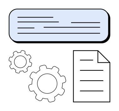 İşbirliğini sembolize eden dişliler, bir kağıt dökümanı ve iletişim arayüzü vurgulama sistemi süreçleri. Takım çalışması, otomasyon süreci, iş akışı, iletişim araçları, proje için ideal