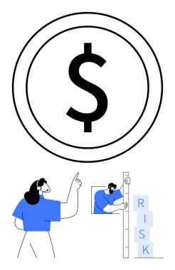 Risk ölçüm blokları ve büyük dolar sembolü kullanarak finansal büyümeyi inceleyen bir kadın. Finans, yatırım, iş analizleri, risk yönetimi, ekonomik büyüme, planlama, basit iniş