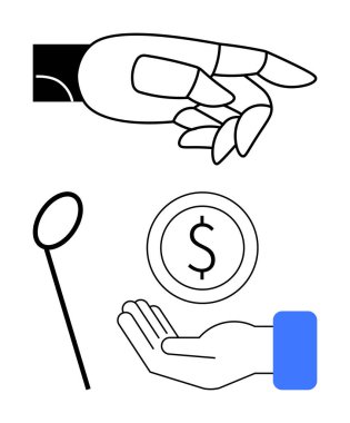 Robotik el, insan elinin üzerine büyüteç ile para koyuyor. Yenilik, finans, yapay zeka, işbirliği, gelecek teknolojisi, otomasyon, basit iniş sayfası için ideal