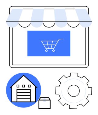 El arabası simgesi, depo sembolü, paket kutusu ve vites grafiği olan bir e-ticaret mağazası. Çevrimiçi perakende satış, lojistik, e-ticaret stratejisi, tedarik zinciri, otomasyon teslimatı ve basit iniş için ideal