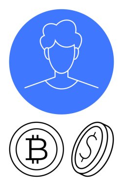 İnce çizgi Bitcoin ve dolar paralarının üzerinde mavi daireli minimalist kullanıcı profili simgesi. Kripto para birimi, finans, dijital kimlik, çevrimiçi ekonomi, fintech, yatırım, blok zinciri için ideal. Düz