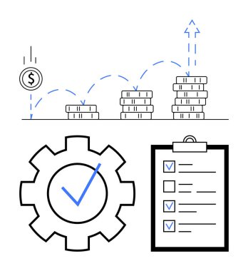 İlerlemeyi gösteren bozuk paralar, işaretli kontrol listesi, işaretli dişliler. Finans, üretkenlik, planlama, yatırım, iş büyümesi, verimlilik yönetimi için ideal basit iniş