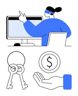 Yanında laptop olan bir bilgisayar ekranını işaret eden kişi. Anahtar çifti ve bozuk para tutan bir elin ayrı görüntüleri. Güvenlik, yatırım, finans, teknoloji, iş, yazılım için ideal