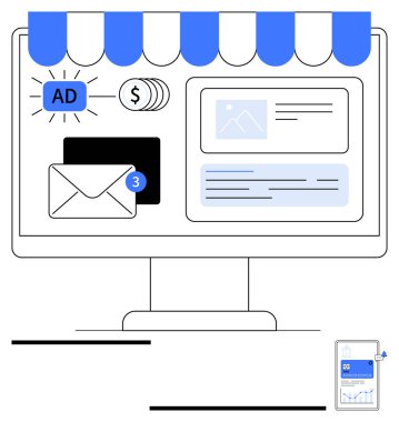 Masaüstü e-ticaret mağazası, e-posta bildirimi, reklam, ödeme ikonları ve analizleri gösteriyor. Pazarlama, reklam, e-ticaret, marka stratejisi iletişimi için ideal basit iniş sayfası