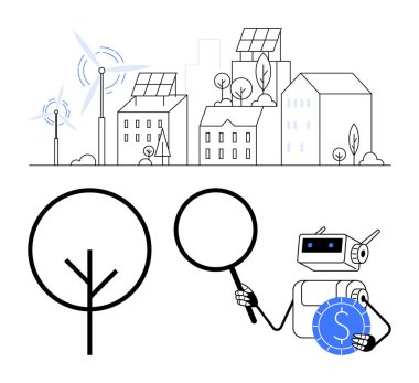 Büyüteci ve parası olan robot temiz enerjiyi, sürdürülebilir şehri, rüzgar türbinlerini ve ağaçları inceliyor. Yapay zeka, ekoloji, yeşil teknoloji, temiz enerji kentsel planlama için ideal. Düz