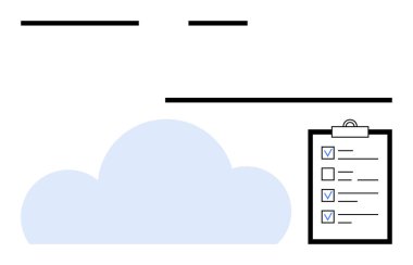 Mavi bulut simgesi, görev organizasyonu, veri yönetimi ve verimliliği vurgulayan pano ve kontrol işaretleriyle eşleştirilmiştir. Planlama, bulut depolama, iş akışı, organizasyon, verimlilik için ideal