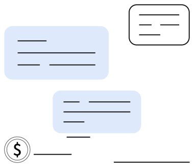 Para ikonu ile eşleştirilmiş mesaj çizgileriyle süzülen metin kutuları, finansal ya da iletişim temalarını temsil ediyor. Finans, ödeme, mesajlaşma, bankacılık, minimalizm, fintech, düz basit