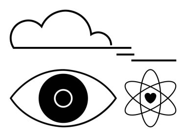 Cesur iris gözlü, çizgisel izi olan bulut, kalbi kaplayan atomik yapı. Vizyon, yaratıcılık, yenilik, farkındalık, aşk, bilim bağlantısı için ideal basit bir iniş sayfası