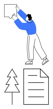 Yapboz parçasını bir ağacın ve belgenin üzerine yerleştiren kişi. Problem çözme, takım çalışması, organizasyon, karar verme, strateji, çevre, yaratıcılık için ideal. Düz basit metafor
