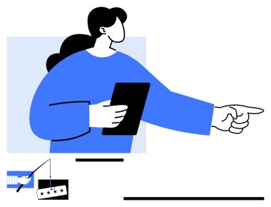 Tabletle gösterilen kadın liderlik ya da yönerge olduğunu gösterir. Aşağıda, balıkçı kancasının giriş bilgilerini çekmesi siber güvenlik tehditlerini sembolize ediyor. Dolandırıcılığı önlemek ve dolandırıcılığı önlemek için ideal