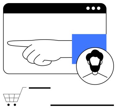 Kullanıcı avatarı ve alışveriş arabası ikonu olan bir web arayüzü penceresini işaret ederek. Navigasyon, seçim, e-ticaret, çevrimiçi profiller, karar verme, müşteri eylemleri, düz basit