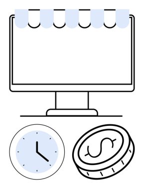 Mağaza önü tepe örtülü masaüstü ekranı, zaman yönetimini sembolize eden saat ve finansal yatırımı temsil eden para. İş, pazarlama, girişimler, verimlilik, e-ticaret, zaman yönetimi için ideal