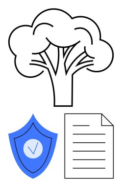 Doğayı temsil eden ağaç, güvenlik işaretli kalkan ve uyum belgesi. Sürdürülebilirlik, ekoloji, eko-politika, veri koruması, kurumsal sorumluluk, güvenlik programı için ideal