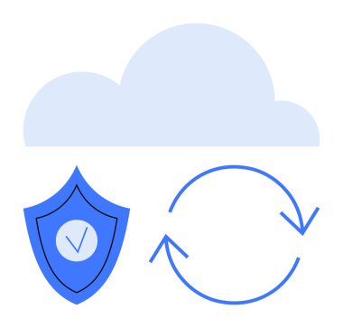 Kalkanın üzerinde işaretli ve düğümlenmiş okları olan bir bulut simgesi. Güvenlik, yedekleme, depolama, bulut hesaplama, senkronizasyon, koruma ve basit iniş sayfası için ideal