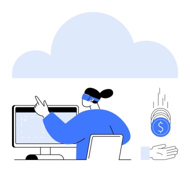 Bilgisayardaki verileri yöneten kadın, bulut arkaplanı, dijital paraların eline düşmesi. Bulut bilgisayarı, fintech, teknoloji, uzaktan çalışma, veri yönetimi, çevrimiçi işlemler için ideal basit iniş