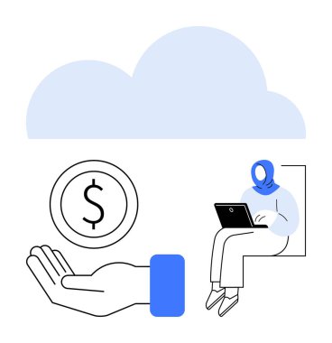 Bulut simgesi, el ele tutuşan para çemberi, finansal işler için dizüstü bilgisayar kullanan kişi. Finans, teknoloji, serbest çalışma, uzak işler, dijital yatırım, sanal hizmetler için ideal