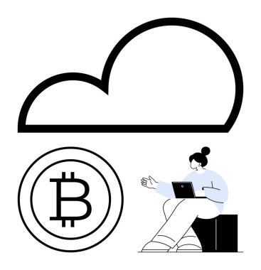 Bitcoin sembolünün üzerinde dijital finans, engelleme zinciri ve çevrimiçi bağlantıyı temsil eden tablet bulunmakta. Kripto para birimi, fintech, çevrimiçi güvenlik, bulut depolama için ideal