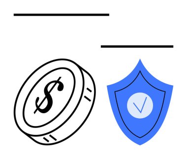 İçinde kontrol işareti olan mavi bir kalkanın yanında bir dolar işareti var. Finans, güvenlik, sigorta, yatırım, istikrar, güven, risk yönetimi için ideal, basit iniş sayfası