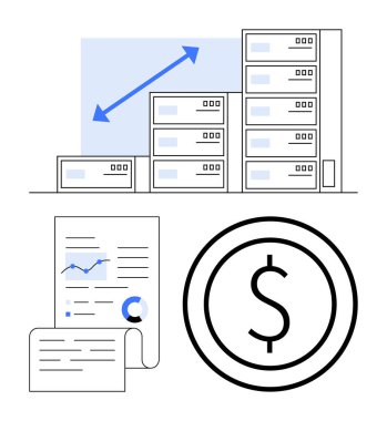 Dolar sembolü, finansal tablolar, ilerlemeyi yansıtan binalarla yükselen ok. İş stratejisi, yatırım büyümesi, mali planlama, ekonomi eğilimleri, portföy yönetimi, fintech