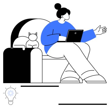 Dizüstü bilgisayarlı bir koltukta oturan bir kadın yanında bir kedi yatarken el kol hareketi yapıyor. Uzak çalışma, üretkenlik, konfor, yaşam tarzı, günlük çalışma alanı, iletişim, basit iniş sayfası için ideal