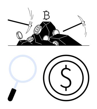 Madencilik araçları kripto sikkelerine çarpıyor, analiz için büyüteç, maddi değeri temsil eden dolar işareti. Engelleme zinciri, yatırım, teknoloji, fintech, madencilik süreci ve finansman için ideal