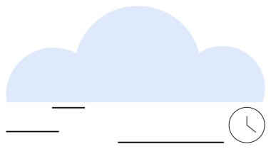 Köşesinde minimalist bir saat olan büyük bulut şekli ve yanında soyut çizgiler. Kavram için ideal zaman yönetimi, bulut depolama, dijital organizasyon, zamanlama, iş akışı, uzaktan kumanda