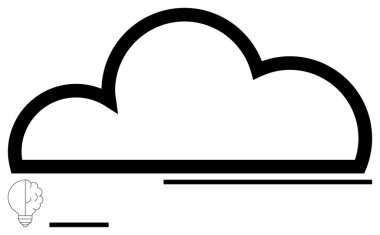 Temiz, kalın çizgileri olan bir bulut çizgisi ve parlak fikirleri olan küçük bir ampul. Teknoloji, yaratıcılık, yenilik, beyin fırtınası, bulut depolama, minimalizm, basit iniş sayfası için ideal