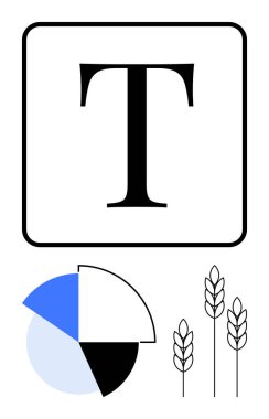 Büyük harf metni, turta grafiği mavi, beyaz ve siyah ve buğday sapları sadelikle sürdürülebilirliği birleştirir. Tarım, ekonomi, iş dünyası, tasarım araştırma sürdürülebilirliği için ideal
