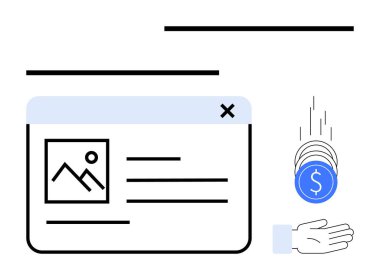 İçerik çerçevesi, resim yer tutucu ve metin içeren tarayıcı penceresi. Bozuk paralar uzatılmış ellere düşer. Finans, dijital pazarlama, e-ticaret, iş, internet üzerinden reklam için ideal basit kazanç