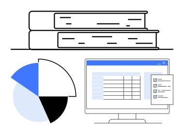 Bilgiyi sembolize eden kitaplar, veri analizini gösteren pasta grafiği ve kontrol listesi ve tabloyu gösteren bir bilgisayar ekranı. Eğitim, araştırma, analitik, strateji, organizasyon için ideal