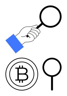 El ele tutuşan büyüteç, Bitcoin sembolü ve soruşturmayı temsil eden dik duran büyüteç. Kripto para birimi, engelleme zinciri, finans, araştırma ve analiz keşifleri için ideal. Düz