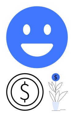 Mavi gülen yüz, siyah yuvarlak dolar işareti, dolar çiçekli saksı çiçeği. Mutluluk, finans, gelir büyümesi, mali planlama, yatırım, refah işi için ideal basit bir iniş sayfası